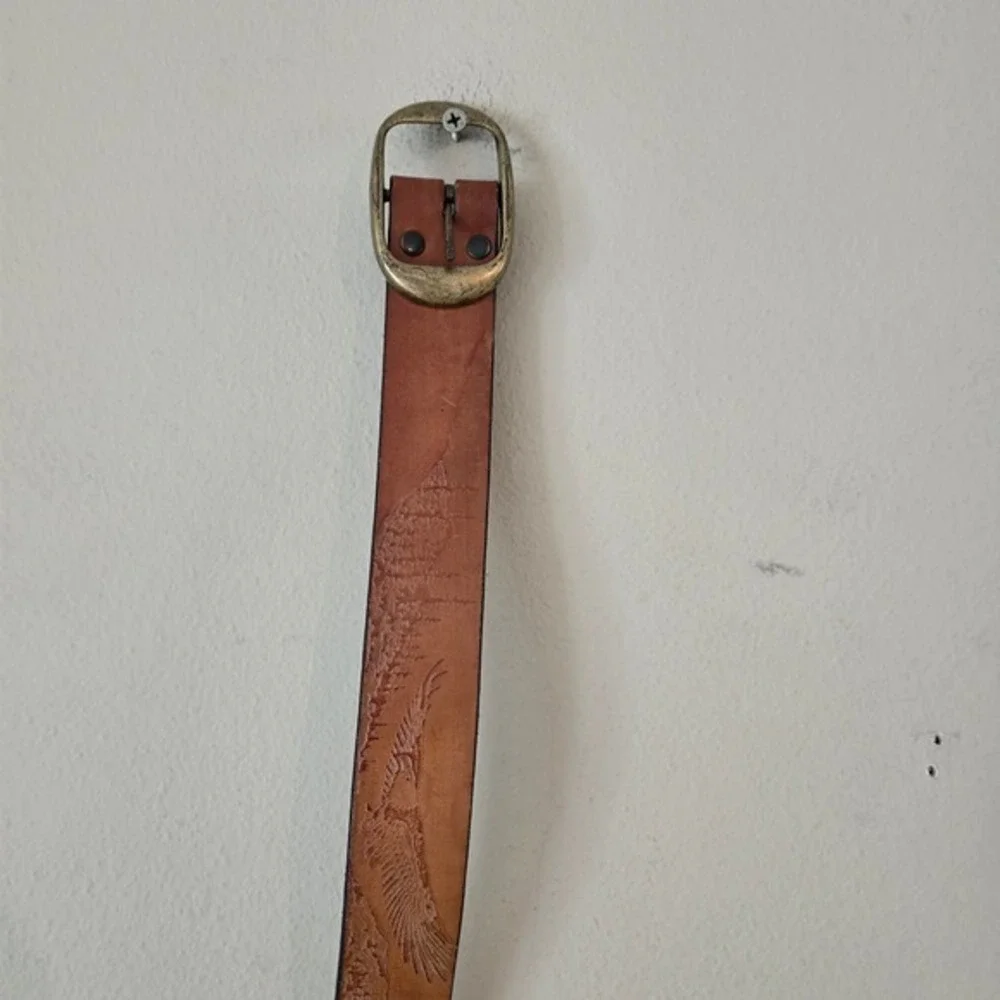 Vintage Tooled Leather Nature‎ Scene Belt Tan Tree Sun Embossed Brass Buckle
